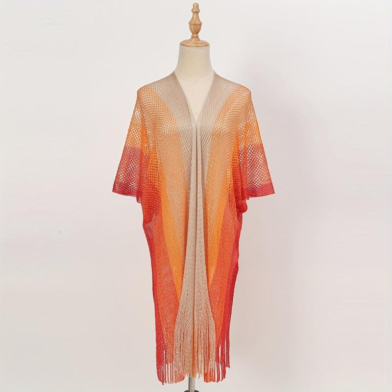 Striped Shawl Cape with Tassel Cover Up