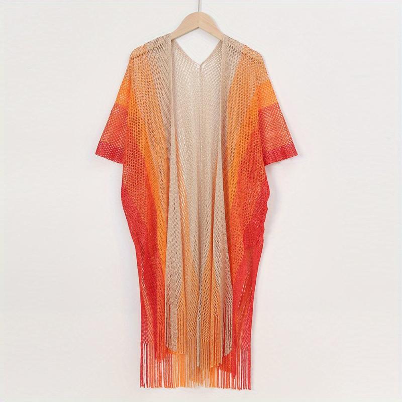 Striped Shawl Cape with Tassel Cover Up