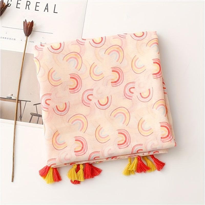 Rainbow Print Pink Voile Scarf Tassel Shawl Boho Head Wraps Women Hijab