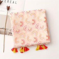 Rainbow Print Pink Voile Scarf Tassel Shawl Boho Head Wraps Women Hijab