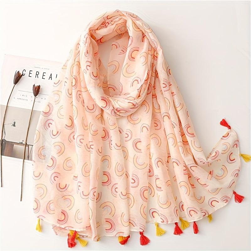 Rainbow Print Pink Voile Scarf Tassel Shawl Boho Head Wraps Women Hijab