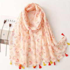 Rainbow Print Pink Voile Scarf Tassel Shawl Boho Head Wraps Women Hijab