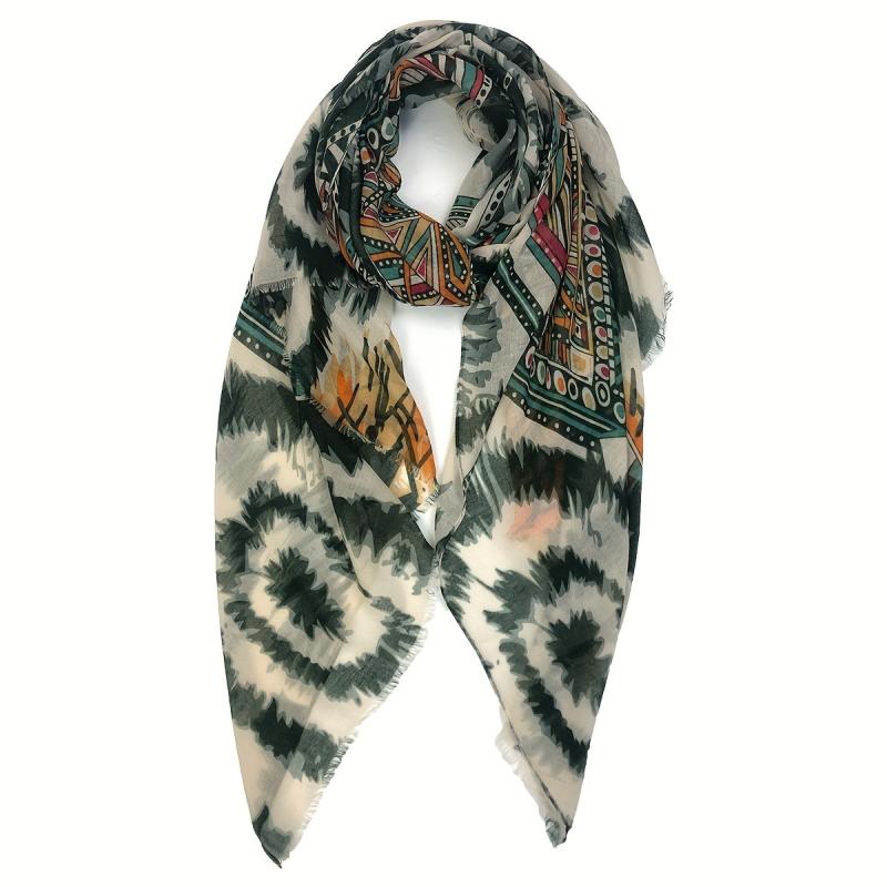 Geometric & Floral Print Raw Trim Scarf Boho Shawl Wrap Head Wrap