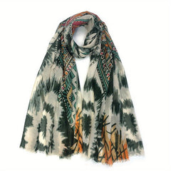 Geometric & Floral Print Raw Trim Scarf Boho Shawl Wrap Head Wrap