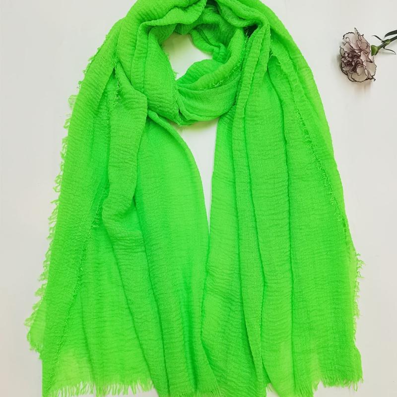 Green Fluorescent Raw Edge Scarf Solid Crepe Shawl Casual Warm Wrap Women