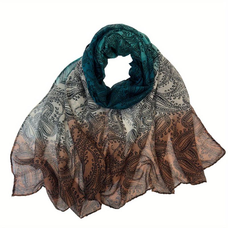 Vintage Paisley Print Veil Scarf Gradient Block Shawl Windproof Head Wrap