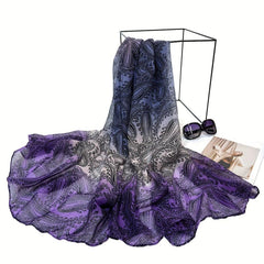 Vintage Paisley Print Veil Scarf Gradient Block Shawl Windproof Head Wrap
