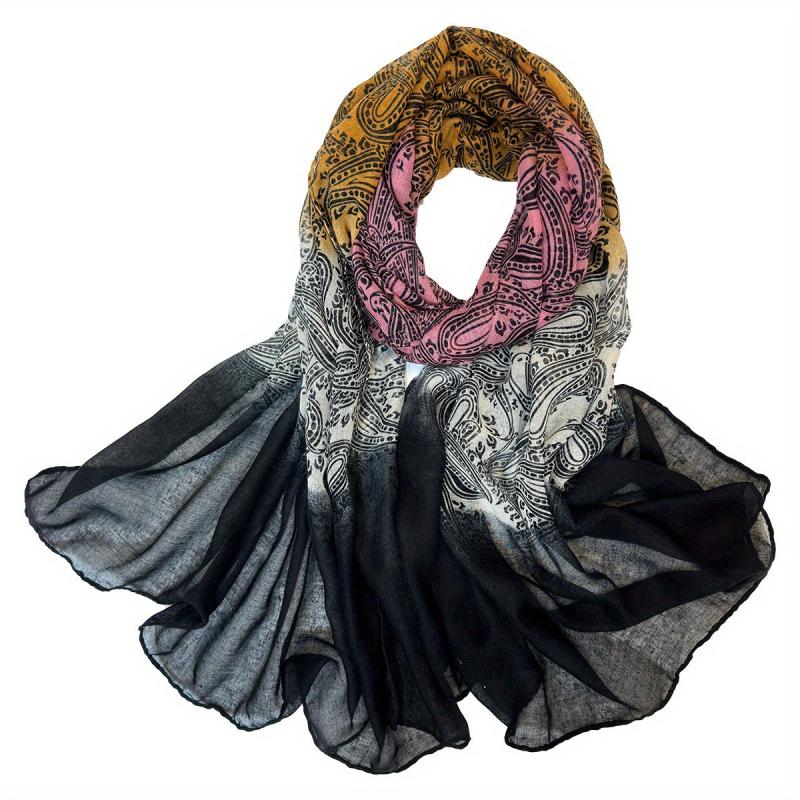 Vintage Paisley Print Veil Scarf Gradient Block Shawl Windproof Head Wrap