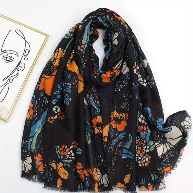 Boho Frayed Edge Flower Print Scarf