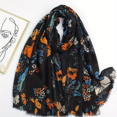 Boho Frayed Edge Flower Print Scarf