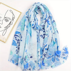 Boho Frayed Edge Flower Print Scarf