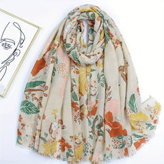 Boho Frayed Edge Flower Print Scarf