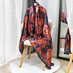 Flower Print Long Scarf Classic Shawl Hijab Women Head Wraps Silk