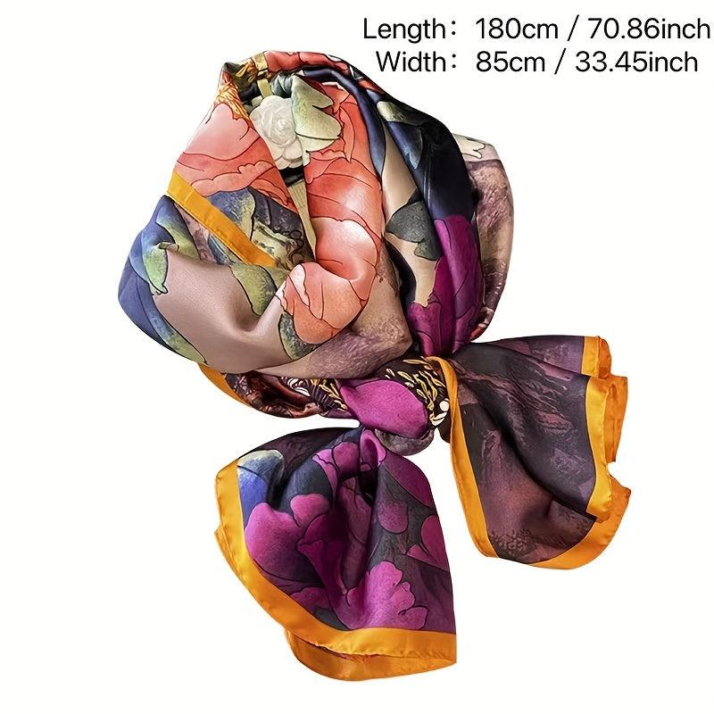 Vintage Crane Flower Print Scarf Satin Shawl Silk Head Wrap