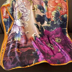 Vintage Crane Flower Print Scarf Satin Shawl Silk Head Wrap