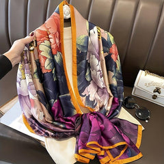 Vintage Crane Flower Print Scarf Satin Shawl Silk Head Wrap