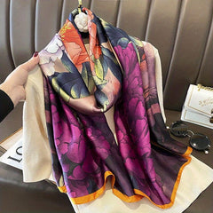 Vintage Crane Flower Print Scarf Satin Shawl Silk Head Wrap