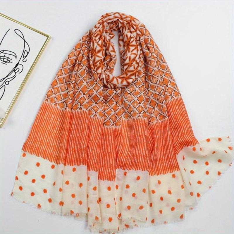Geometric Dot Print Scarf Frayed Edge Block Shawl Casual Windproof