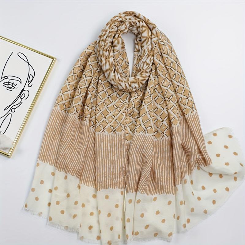 Geometric Dot Print Scarf Frayed Edge Block Shawl Casual Windproof