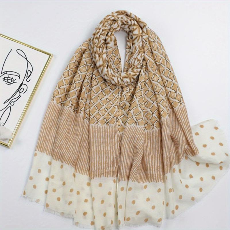 Geometric Dot Print Scarf Frayed Edge Block Shawl Casual Windproof