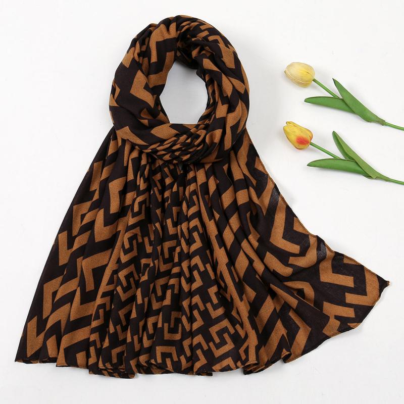Brown Geometric Plaid Print Scarf Women Warm Shawl Windproof Head Wrap Hijab