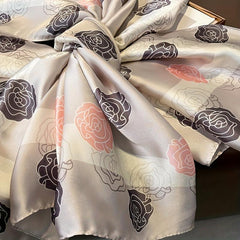 Camellia Print Thin Scarf Satin Shawl Classic Silk Head Wrap Sunscreen Travel