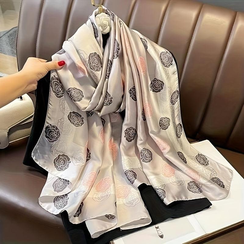 Camellia Print Thin Scarf Satin Shawl Classic Silk Head Wrap Sunscreen Travel