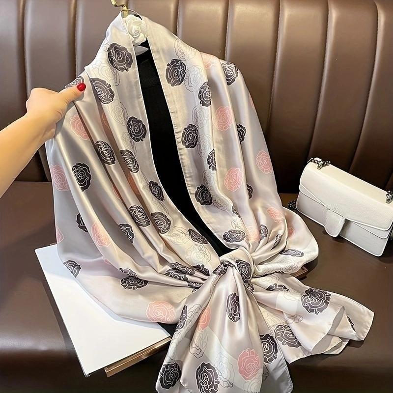 Camellia Print Thin Scarf Satin Shawl Classic Silk Head Wrap Sunscreen Travel