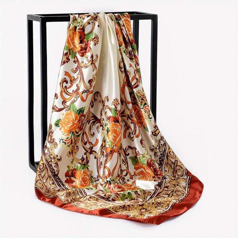 Boho Floral Print Satin Bandana Vintage Square Scarf Silk Shawl