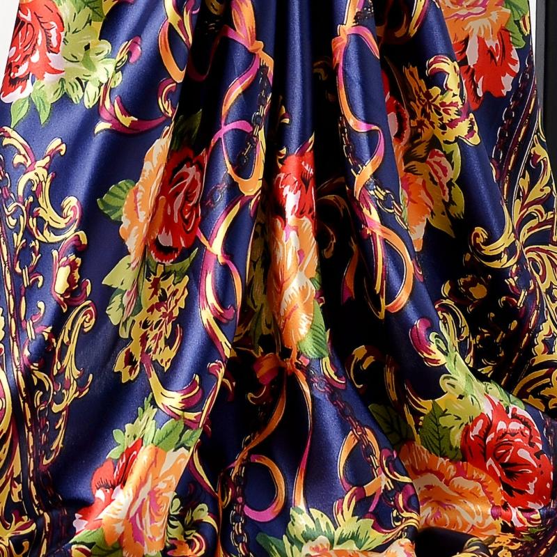 Boho Floral Print Satin Bandana Vintage Square Scarf Silk Shawl