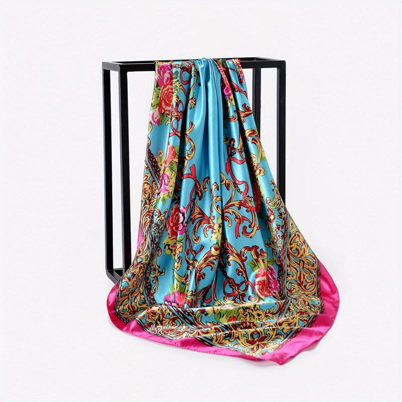 Boho Floral Print Satin Bandana Vintage Square Scarf Silk Shawl
