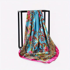 Boho Floral Print Satin Bandana Vintage Square Scarf Silk Shawl
