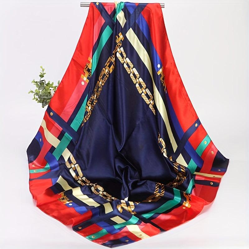 Vintage Satin Square Scarf Soft Block Printed Bandana Silk Windproof Head Wrap