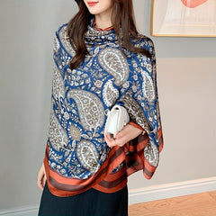 Vintage Paisley Print Satin Scarf Dark Silk Large Square Scarf