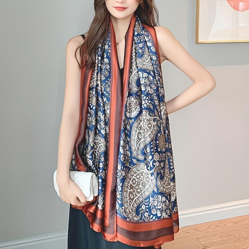 Vintage Paisley Print Satin Scarf Dark Silk Large Square Scarf