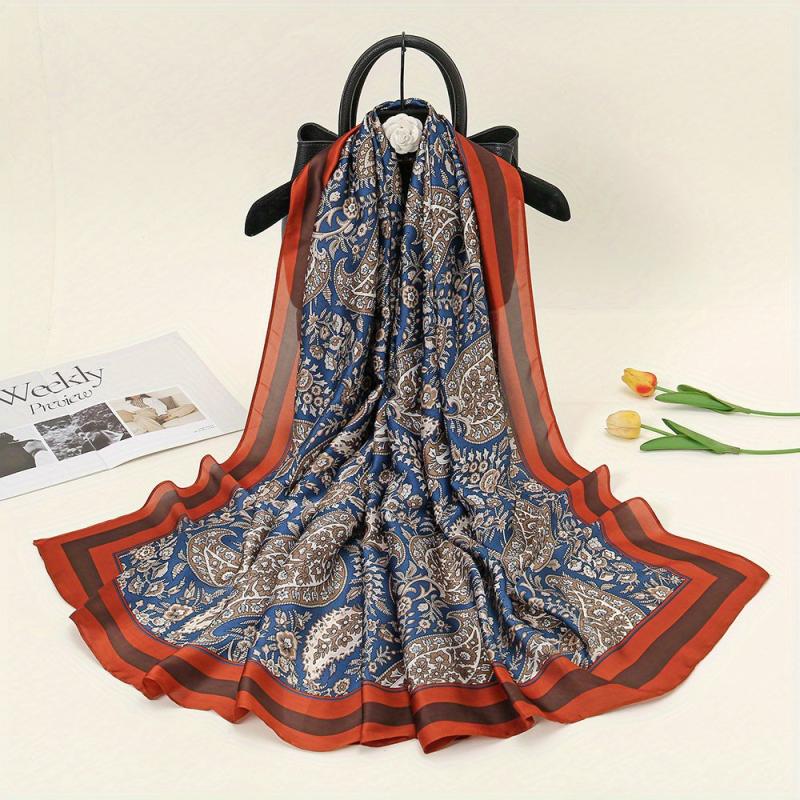 Vintage Paisley Print Satin Scarf Dark Silk Large Square Scarf