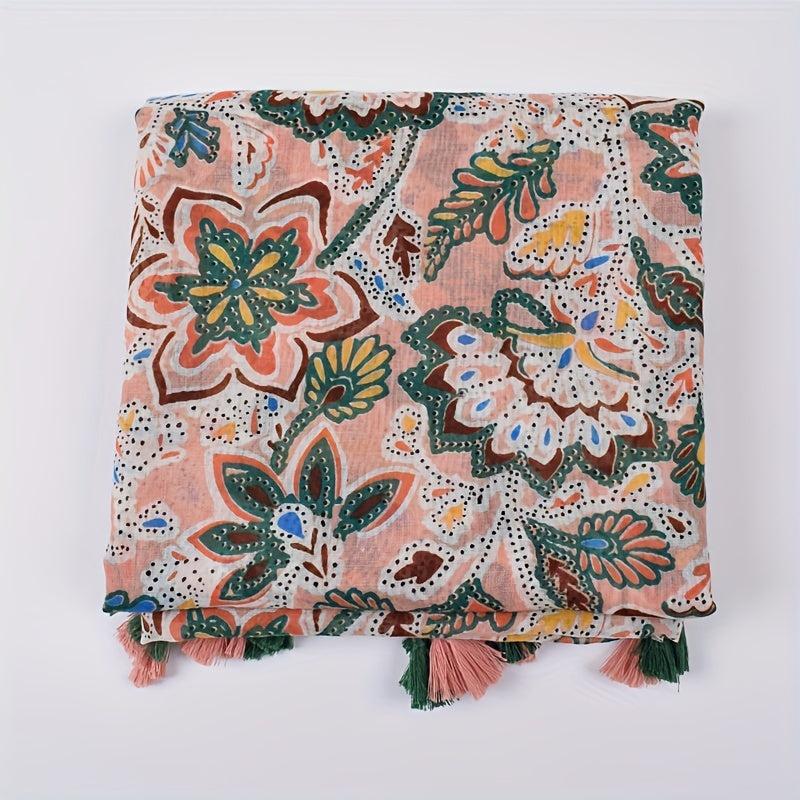 Bohemian Print Pink Scarf Vintage Tassel Warm Shawl Women