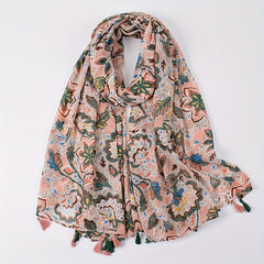 Bohemian Print Pink Scarf Vintage Tassel Warm Shawl Women