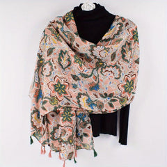 Bohemian Print Pink Scarf Vintage Tassel Warm Shawl Women