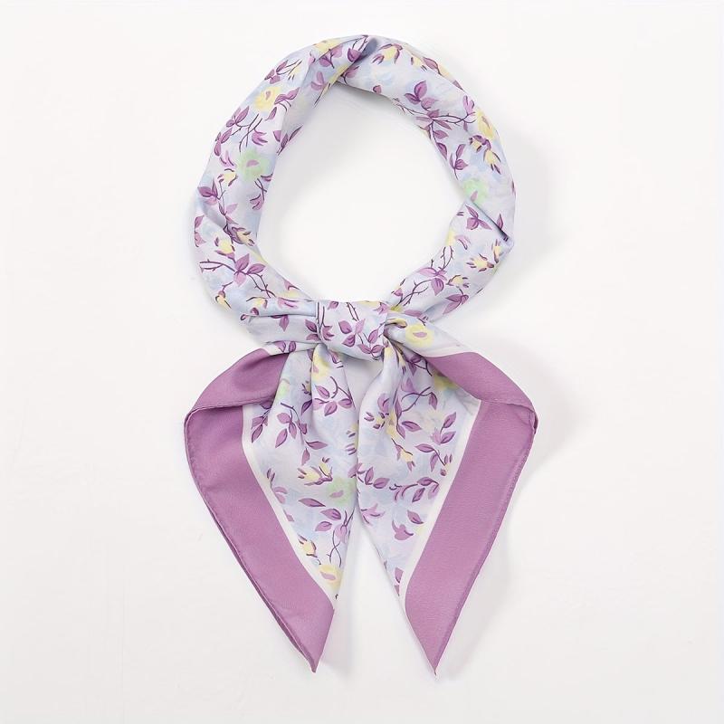 Purple Floral Print Bandana Satin Square Scarf Neckerchief Head Wrap