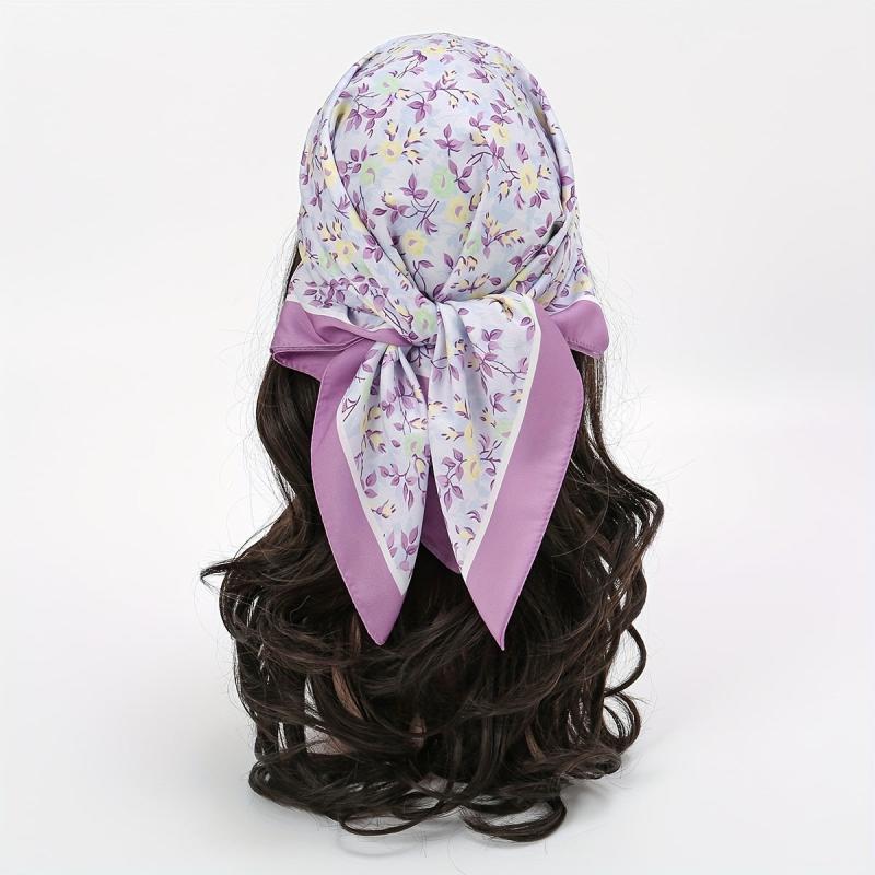Purple Floral Print Bandana Satin Square Scarf Neckerchief Head Wrap