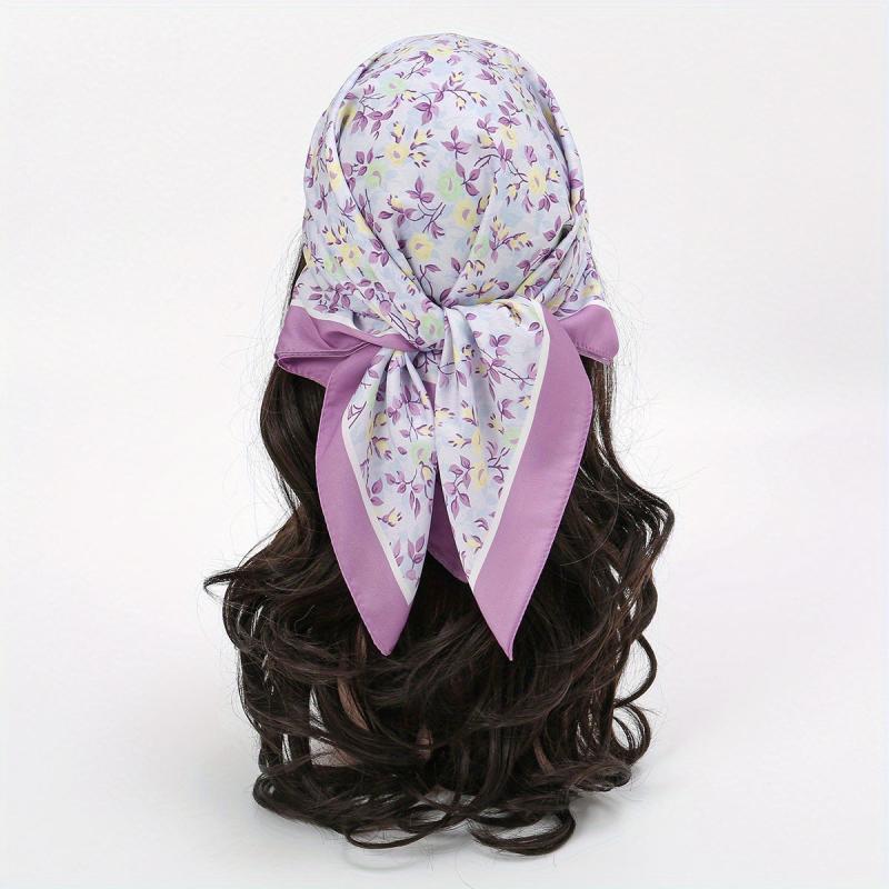 Purple Floral Print Bandana Satin Square Scarf Neckerchief Head Wrap