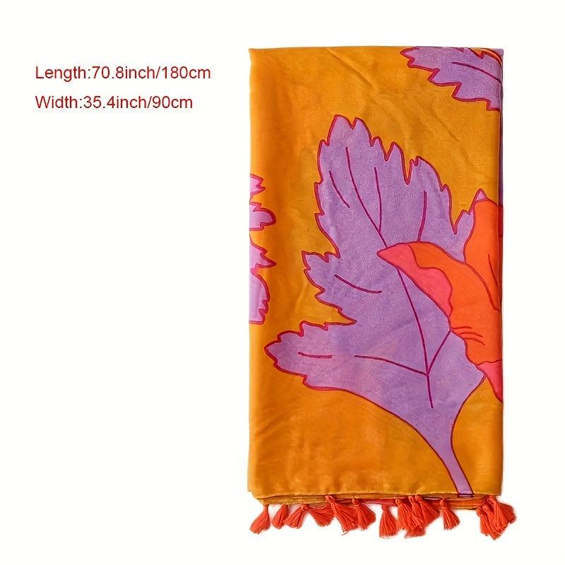 Orange Large Flower Print Scarf Boho Tassel Warm Shawl