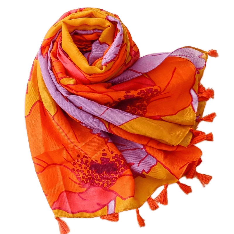 Orange Large Flower Print Scarf Boho Tassel Warm Shawl