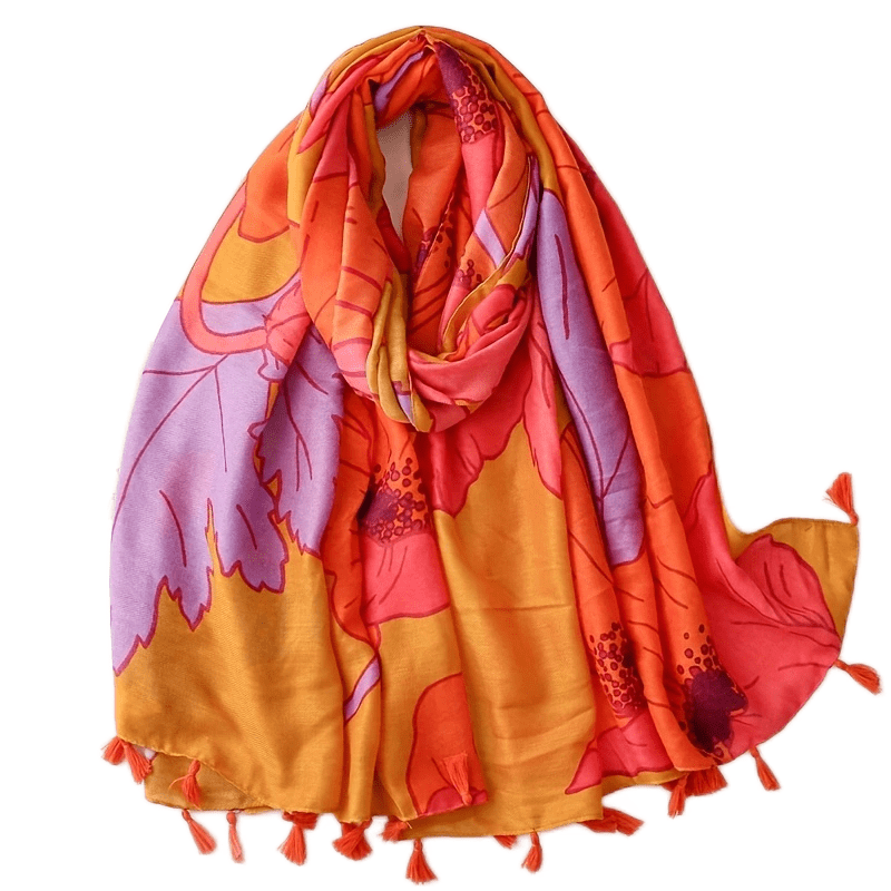 Orange Large Flower Print Scarf Boho Tassel Warm Shawl