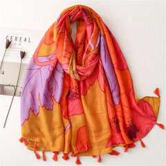 Orange Large Flower Print Scarf Boho Tassel Warm Shawl