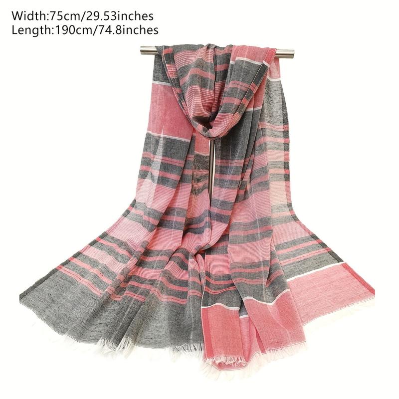 Striped Scarf Boho Double Shawl Frayed Edge Thin Breathable Head Wrap