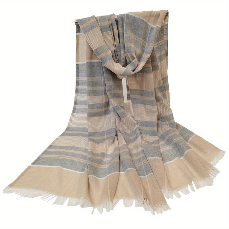 Striped Scarf Boho Double Shawl Frayed Edge Thin Breathable Head Wrap
