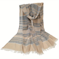 Striped Scarf Boho Double Shawl Frayed Edge Thin Breathable Head Wrap