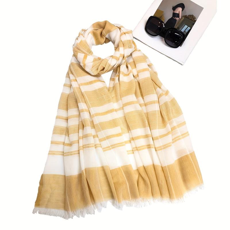 Striped Scarf Boho Double Shawl Frayed Edge Thin Breathable Head Wrap